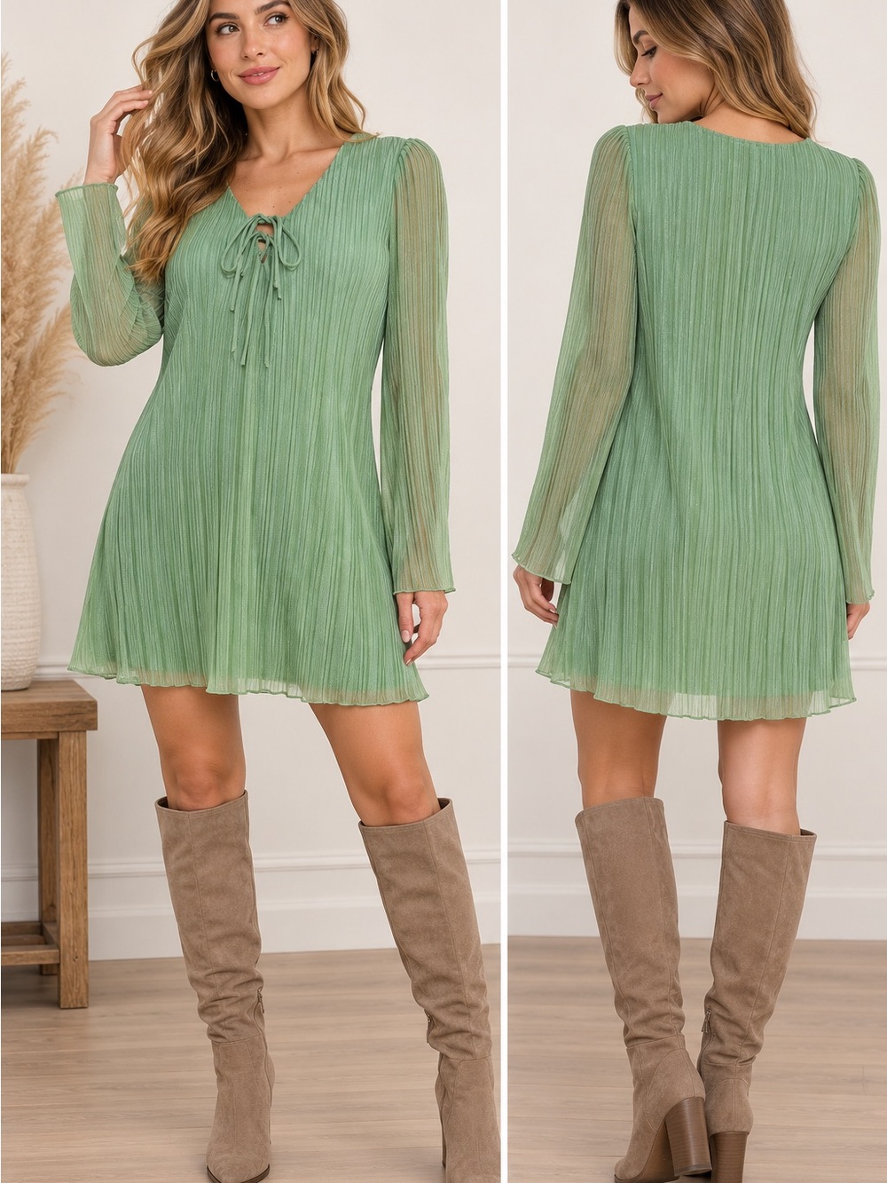 City Studio Sage Green Pleated Tie Front Mini Dress Size XL NWT